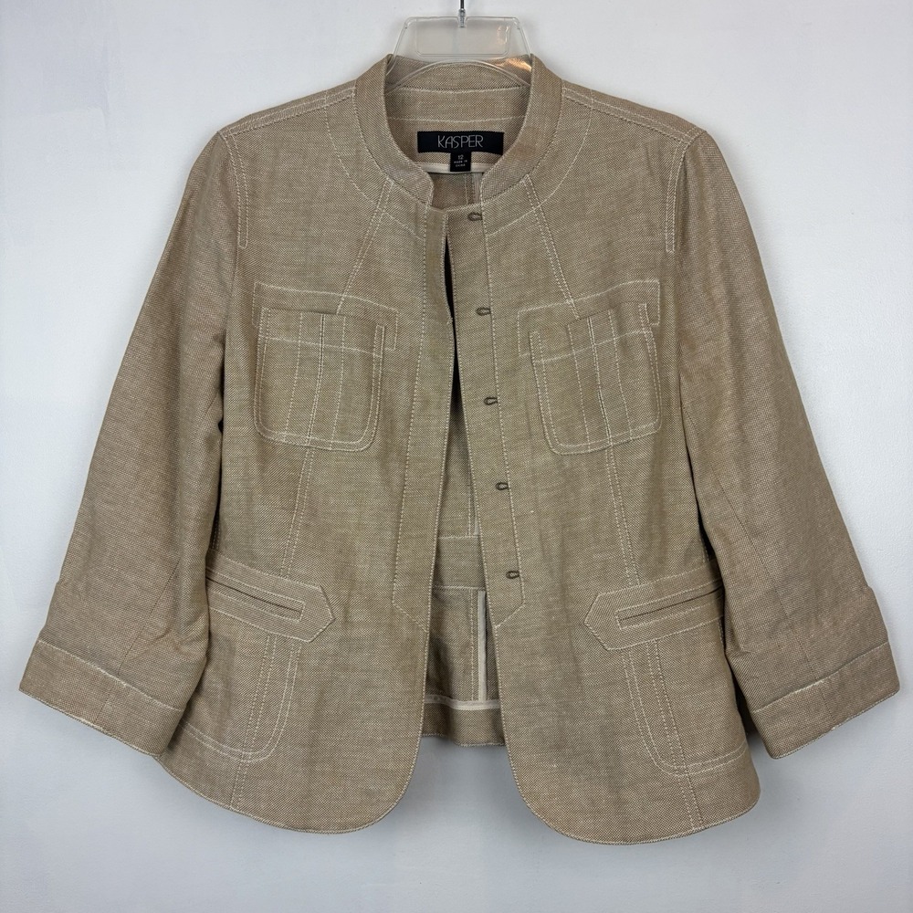 Kasper Linen Blend Blazer Womens 12 Beige Square Hook Capsule Minimalist Office